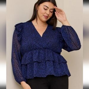 Torrid Leopard Blouse Party Leopard Print Ruffle Chiffon Top 2XL Blue Black